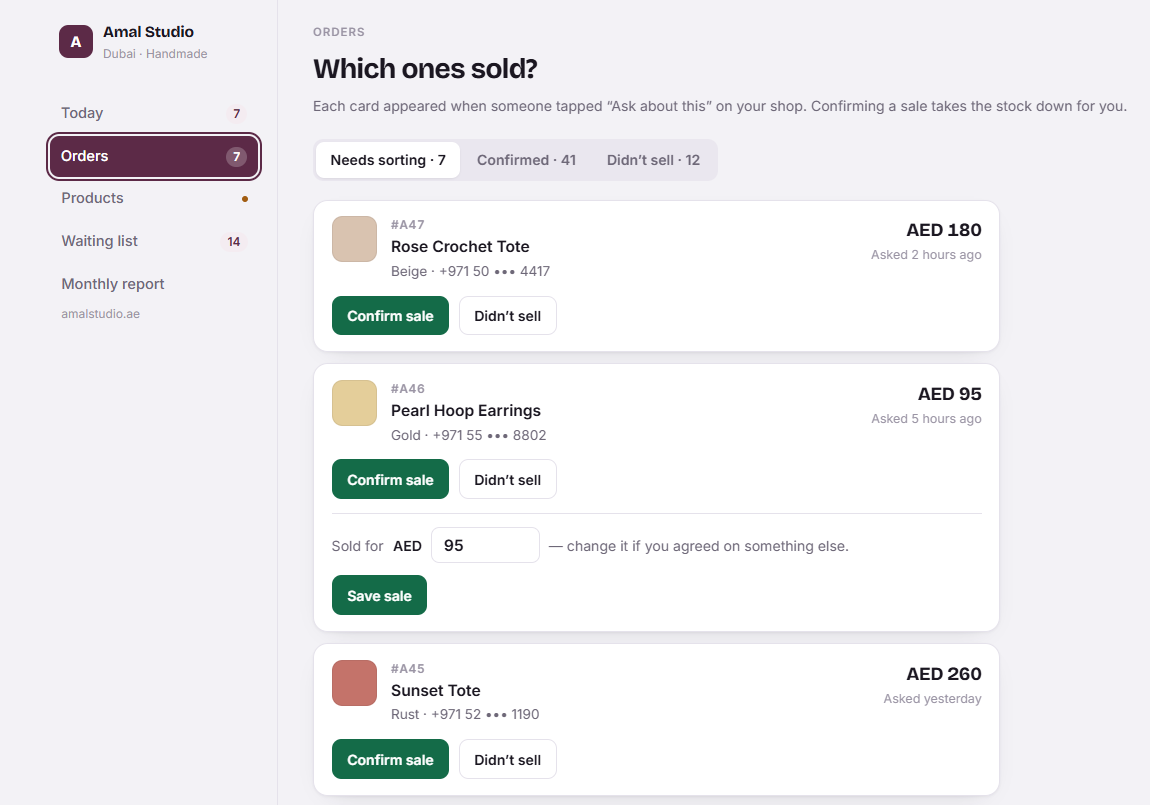 Order cards with Confirm sale and Didn't sell buttons