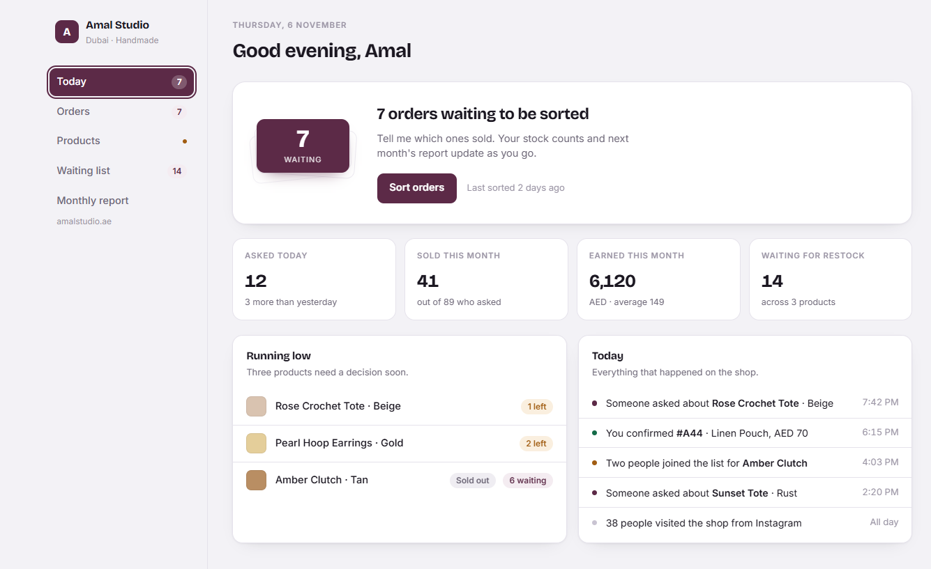 The dashboard home screen, showing seven orders waiting to be sorted